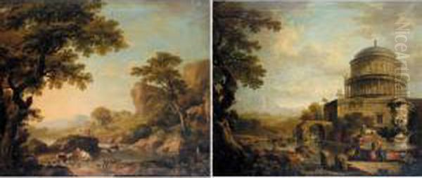 An Extensive River Landscape 
With A Drover And Cattle In The Foreground, Fishermen And A Classical 
Ruin Beyond; And Washerwomen By A Pool In A River Landscape, A Classical
 Building Beyond Oil Painting by George Cuitt