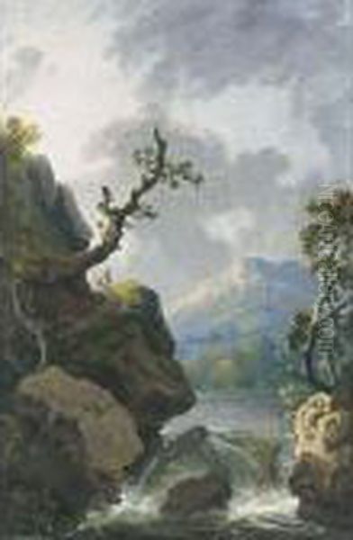 A Mountainous Landscape With A 
Waterfall And Travellers On A Path, A Village In The Distance Oil Painting by George Cuitt