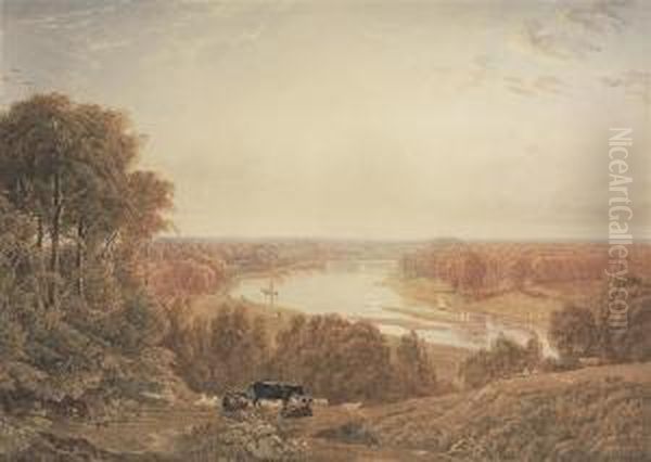 The Thames From Richmond Hill, Surrey Oil Painting by George Jnr Barrett