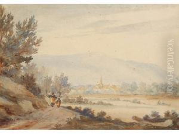 An Alpine Landscape With Figures
 On A Track With A Town And A Church Spire Visible Beyond Oil Painting by George Jnr Barrett