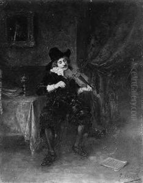 A Violin Player In An Interior Oil Painting by Gustave Barrier