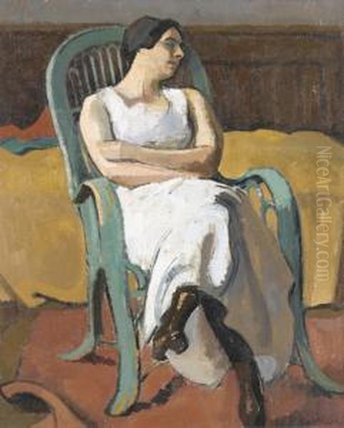 Frau Mit Schwarzem Haar In Grunem Lehnstuhl. Oil Painting by Paul Basilius Barth