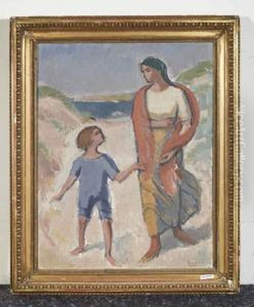 Mutter Und Kind Am Strand. Oil Painting by Paul Basilius Barth