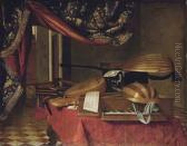 A Spinet, A Mandolino, Lutes, A 
Theorbo, A Violin, A Guitar, A Harp, An Ebony Casket And Musical 
Manuscripts On A Draped Table In An Interior Oil Painting by Evaristo Baschenis