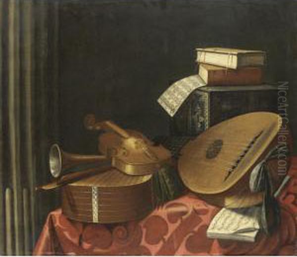 Natura Morta Con Strumenti 
Musicali, Libri, Spartiti E Una Scatola Intarsiata Su Un Tavolo Oil Painting by Evaristo Baschenis