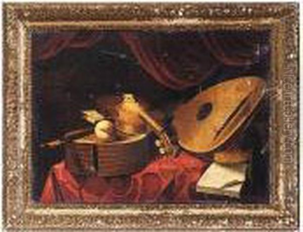 Still Life Of A Lute, A Viola, A
 Viola Da Gamba, An Open Music Score And A Peach Upon A Table Draped 
With A Red Cloth Oil Painting by Evaristo Baschenis