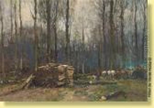 Travaux De Debardage En Foret De Soignes Oil Painting by Alfred Bastien