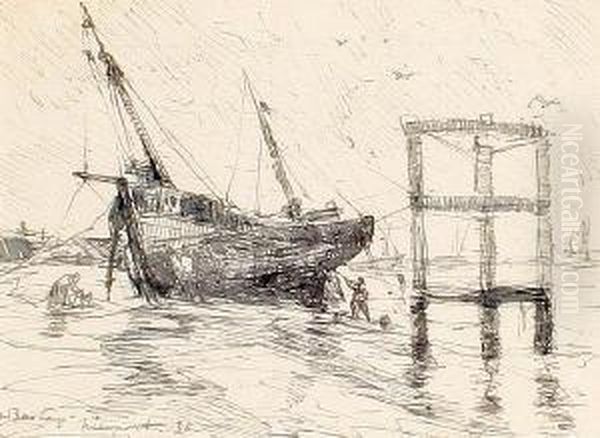 Fishing Boat In Dry Dock, Nieuport Oil Painting by Alfred Bastien