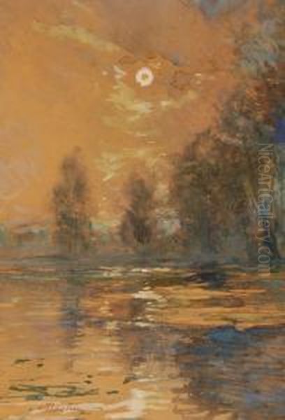 Moonlit River Scene Oil Painting by Alfred Bastien