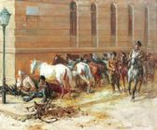 Postoj Wojsk Kozackich Na Ulicach Lwowa Oil Painting by Stanislaw Batowski-Kaczor