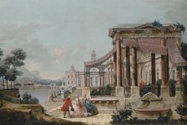A Capriccio Of A Neoclassical 
Loggia On The Embankment Of A Canal,the Buildings Of A Town And A 
Mountainous Landscape Beyond Oil Painting by Francesco Battaglioli