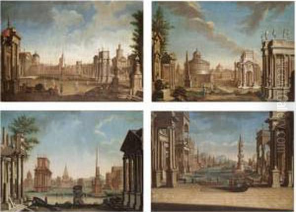 A Capriccio View Of A Mediterranean Harbour;
 A Capriccio View Of A Grassy Piazza With A Series Of Imaginary Temples, A Mother And Daughter In The Foreground;
 A Capriccio View Of A Piazza With A Curved Colonnade To The Right And A Six Columned Church T Oil Painting by Francesco Battaglioli