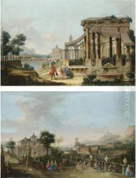 Veduta Ideata Di Una Villa Con 
Due Dame E Un Gentiluomo Davanti A Un Porticato; Veduta Ideata Di Un 
Palazzo Sul Mare Con Eleganti Figure In Un Giardino Oil Painting by Francesco Battaglioli