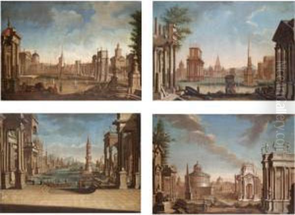 A Capriccio View Of A 
Mediterranean Harbour; A Capriccio View Of A Grassy Piazza With A Series
 Of Imaginary Temples, A Mother And Daughter In The Foreground; A 
Capriccio View Of A Piazza With A Curved Colonnade To The Right And A 
Six Columned Chur Oil Painting by Francesco Battaglioli