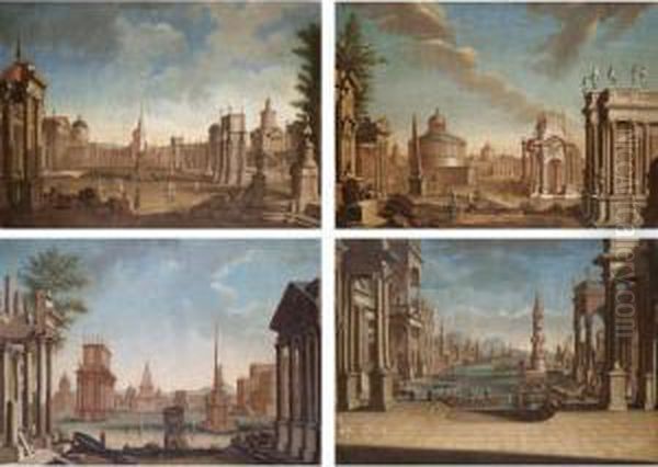 A Capriccio View Of A 
Mediterranean Harbour;a Capriccio View Of A Grassy Piazza With A Series 
Of Imaginary Temples, A Mother And Daughter In The Foreground;a 
Capriccio View Of A Piazza With A Curved Colonnade To The Right And A 
Six Columned Church Oil Painting by Francesco Battaglioli