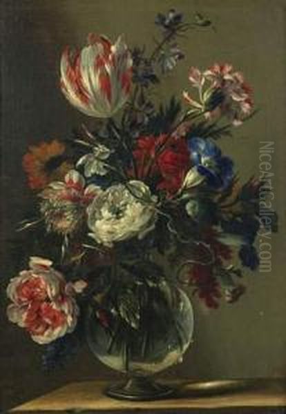 Bouquet De Fleurs Dans Un Vase Sur Un Entablement Oil Painting by Nicolas Baudesson
