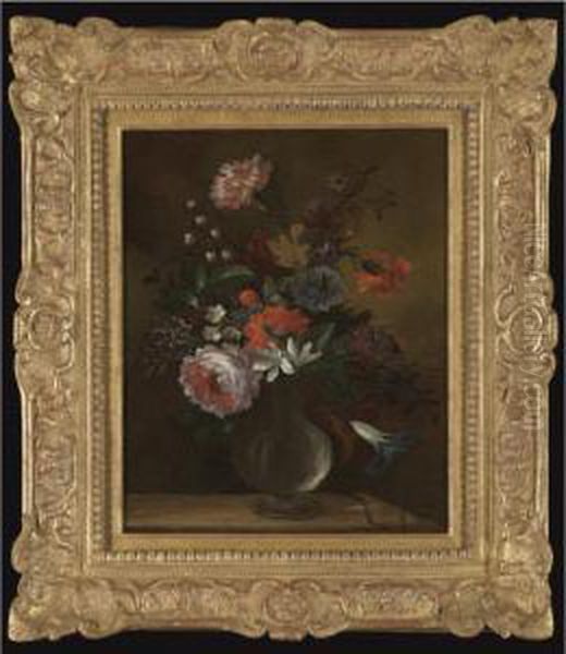 Still Life Of Flowers Including 
Roses, Carnations And Lily Of The Valley, In A Glass Vase On A Stone 
Ledge Oil Painting by Nicolas Baudesson