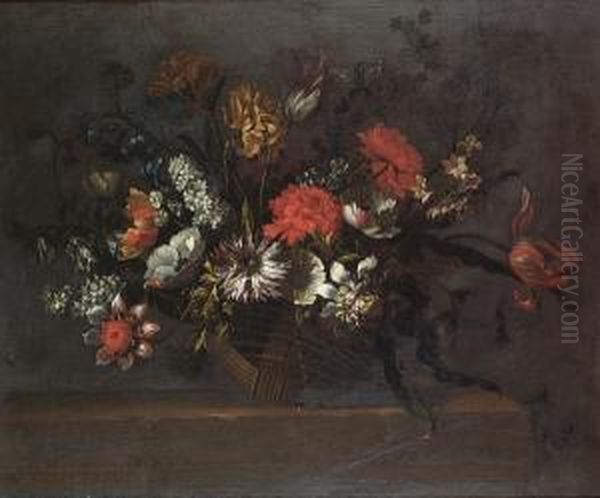Tulips, Chrysanthemums, Poppies,
 Delphiniums And Other Flowers In A Wicker Basket On A Stone Ledge Oil Painting by Nicolas Baudesson
