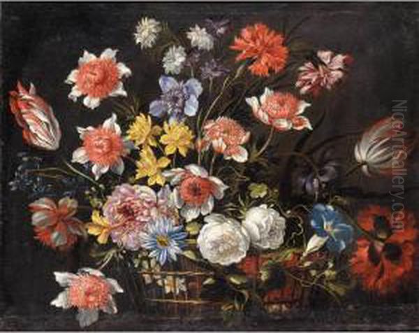 Still Life With Carnations, 
Tulips And Various Other Flowers In A Basket On A Stone Ledge Oil Painting by Nicolas Baudesson