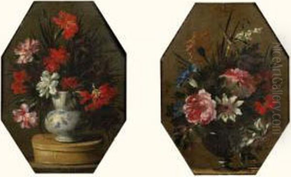 - Nature Morte Au Bouquet De Fleurs Dans Un Vase De Verre Pose Sur
 Un Entablement - Nature Morte Au Bouquet De Fleurs Dans Un Vase De Ceramique Pose
 Sur Une Boite De Copeaux Oil Painting by Nicolas Baudesson