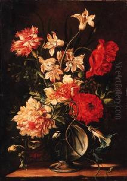 Morning Glory, Chrysanthemums, 
Carnations And Other Flowers In Aglass Vase On A Stone Ledge Oil Painting by Nicolas Baudesson