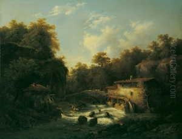 Gebirgsfluss Mit Wassermuhle. 
Signiert Unten Links: Baudit. Ol Auf Leinwand (doubliert). H 70; B 90 
Cm. Oil Painting by Amedee Baudit