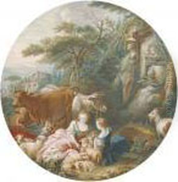 Two Shepherdesses With Their 
Flocks And Herds By An Antique Spring,classical Ruins Seen Beyond Oil Painting by Pierre-Antoine Baudouin