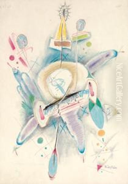 Ruckseitig Stempel: Das 
Geistreich, Mischtechnik Mit Farbstiften Auf Papier, 40 X 28,5 Cm, 
Gerahmt Oil Painting by Rudolf Bauer