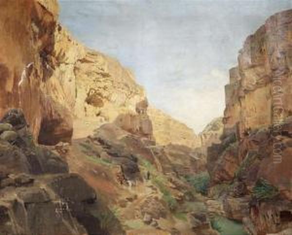River Valley Wadi Kelt Which 
Leads To Jericho. Oil/canvas. Expertise: Hugo Schmid, Sulz/neckar 2007. 
For Other Depictions Of The Wadi Kelt By Bauernfeind Confer Schmid, 
Hugo, Der Maler Gustav Bauernfeind Oil Painting by Gustave Bauernfeind