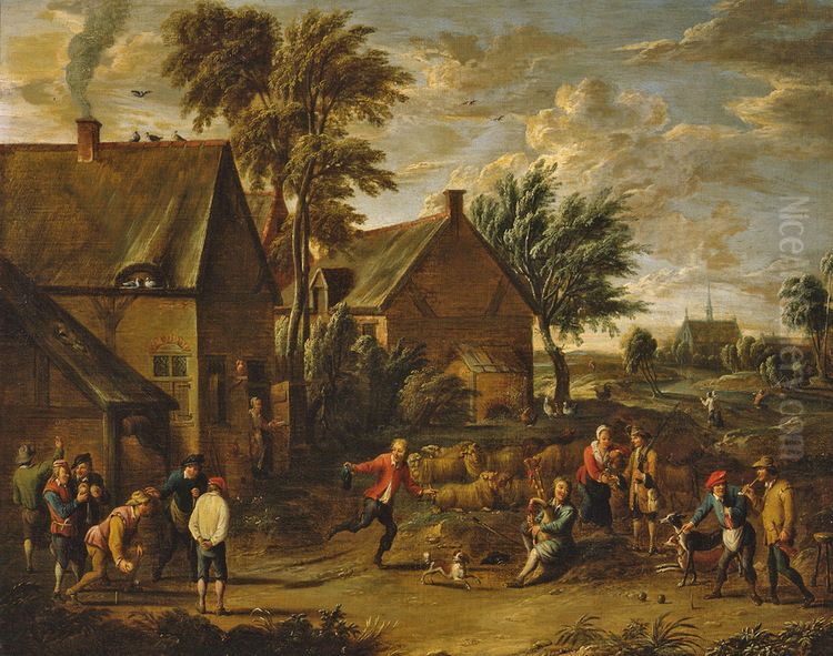 A Game of Bowls by a Tavern Oil Painting by Alexander van Bredael
