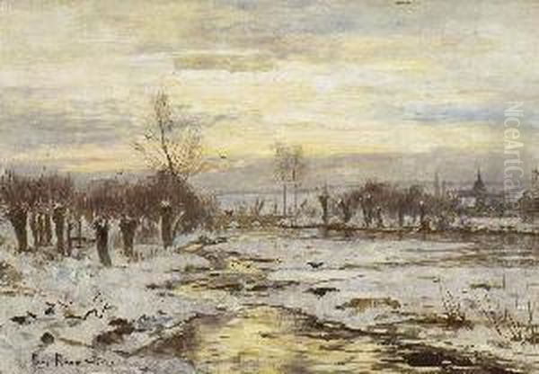 Goldener Sonnenuntergang An Der
 Winterlichen Ilm Bei Ehringsdorf. Oil Painting by Paul Baum