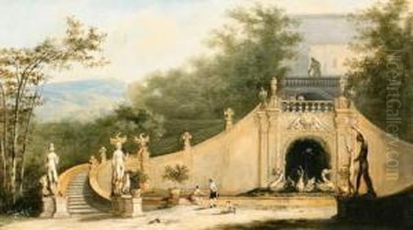 An Italianate Landscape With An 
Imaginary View Of A Grand Staircaseand Figures In A Formal Garden Oil Painting by Johann Wilhelm Baur