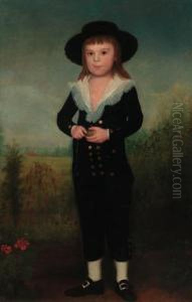 Portrait Of A Boy, Standing 
Full-length, In A Black Jacket Andknickerbockers, With A Black Hat And A
 White Chemise, Holding Aspining Top, In A Landscape Oil Painting by Francisco Bayeu Y Subias