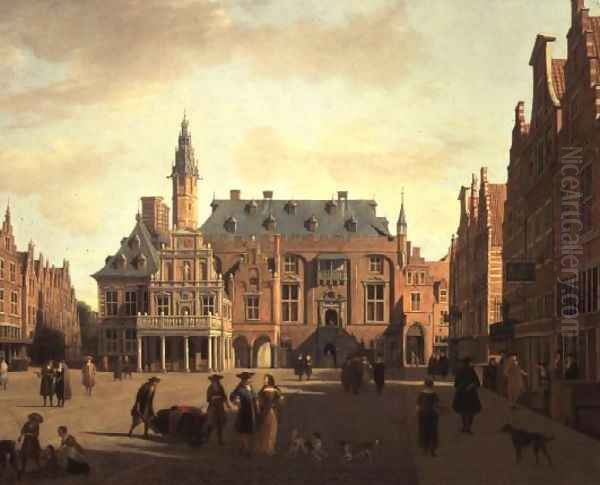 The Market Place with the Raadhuis, Haarlem Oil Painting by Gerrit Adriaensz Berckheyde