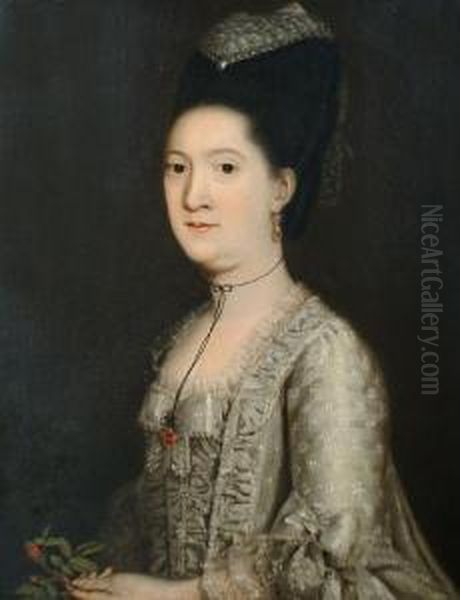 Portrait Of A Lady, Said To Be 
Mrs Christian Laughton,half-length, In A White Lace-edged Dress, Holding
 A Rose Oil Painting by Thomas Beach