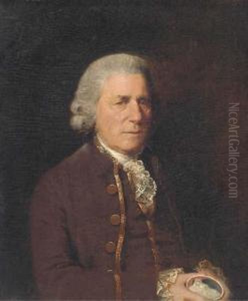 Portrait Of A Gentleman, 
Half-length, In A Brown Suit, With A Laceruff, Holding A Miniature Of A 
Mother And Child Oil Painting by Thomas Beach