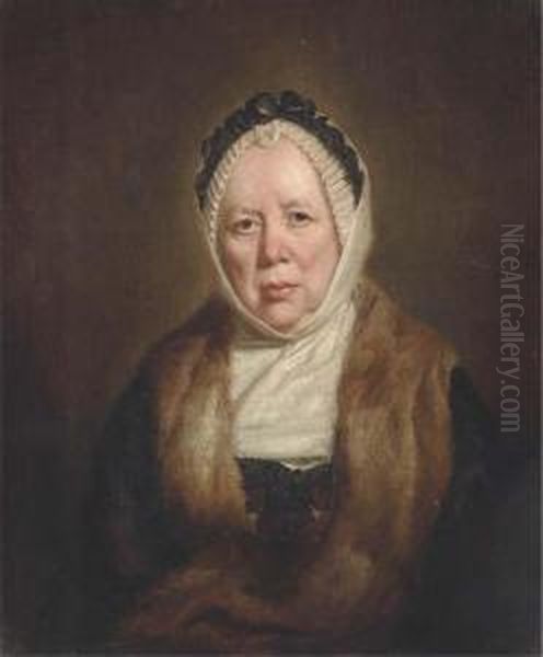Portrait Of A Lady, Half-length,
 Wearing A Black Dress And A Furwrap With A White Bonnet Trimmed With 
Black Ribbon On Her Head,covered By A Shawl Oil Painting by Thomas Beach