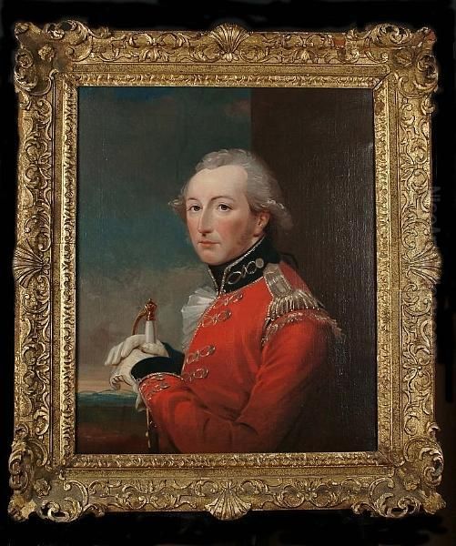 Portrait Of An Officer, Possibly
 Of The Fencible Cavalry, Holding A Sword, A View To A Landscape Beyond Oil Painting by Thomas Beach