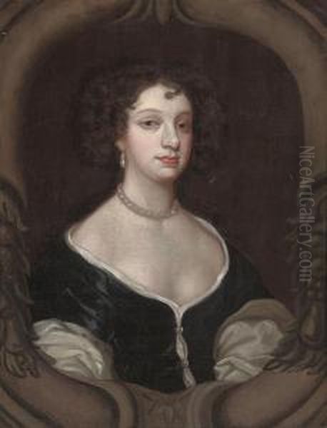 Portrait Of A Lady, Bust-length,
 In A Black Dress And Pearlnecklace, In A Sculpted Cartouche Oil Painting by Mary Beale