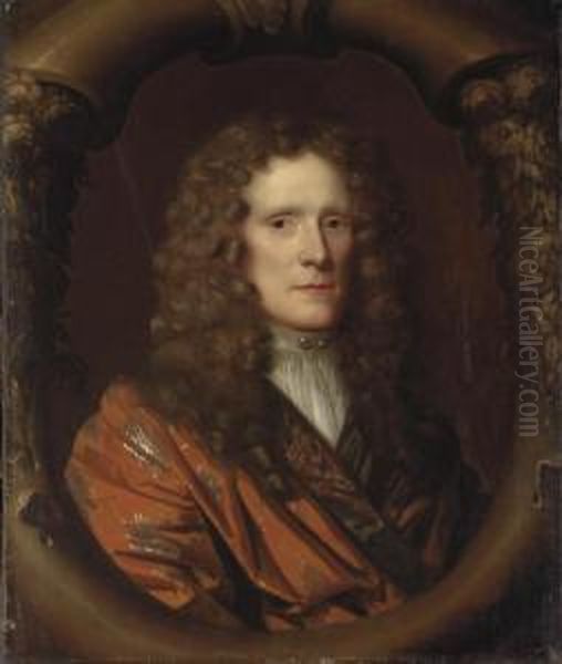 Portrait Of Sir Marmaduke 
Tunstall, Bust-length, In A Red Coat And White Cravat, In A Sculpted 
Cartouche Oil Painting by Mary Beale