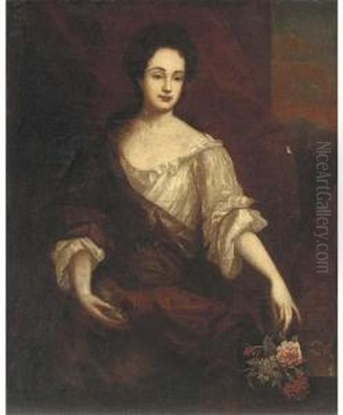 Portrait Of A Lady, Seated 
Three-quarter-length, Wearing A Whiteand Red Dress, Her Left Hand 
Holding Some Flowers By A Ledge, A Redcurtain And Landscape Beyond Oil Painting by Mary Beale