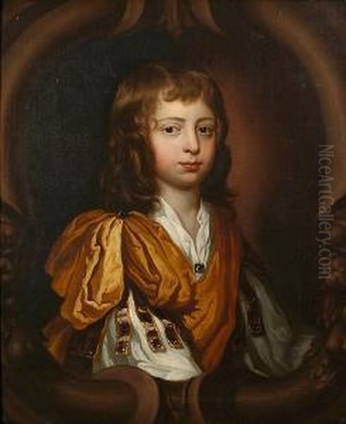 A Portrait Of A Young Boy, 
Believed To Be Richard Gulston, Bust Length In Ornate Robe Within A 
Sculptural Painted Oval Oil Painting by Mary Beale