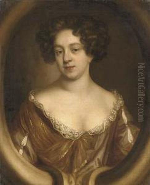 Portrait Of A Lady, Half-length,
 In A Brown Dress Trimmed With Lace, In A Sculpted Cartouche Oil Painting by Mary Beale