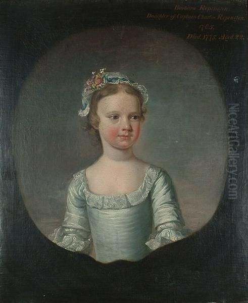Portrait Of Barbara Repington As
 A Girl, Half-length, In A White Dress And A White Lace Cap With 
Flowers, In A Painted Cartouche. Oil Painting by George Beare