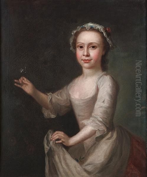 Portrait Of A Young Girl, 
Standing Three-quarter-length, In A White Dress, Holding A Flower Oil Painting by George Beare