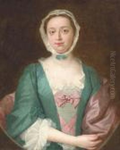 Portrait Of A Lady, Half Length, In A Turqouise Dress With Violetribbons Oil Painting by George Beare