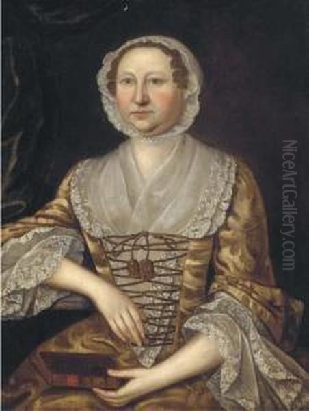 Portrait Of A Lady, Seated 
Half-length, In A Golden Dress With White Lace Sleeves And A White Lace 
Cap, A Book In Her Lap Oil Painting by George Beare