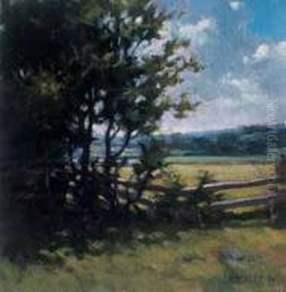 Country Landscape With Fence
 Oil On Board Oil Painting by John William Beatty