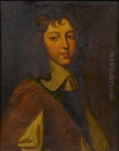 Portrait Of King Louis Xiv Of 
France, As A Boy, Bust-length, In A Brown Satin Coat With A Blue Sash 
And A White Lace Collar Oil Painting by Charles Beaubrun