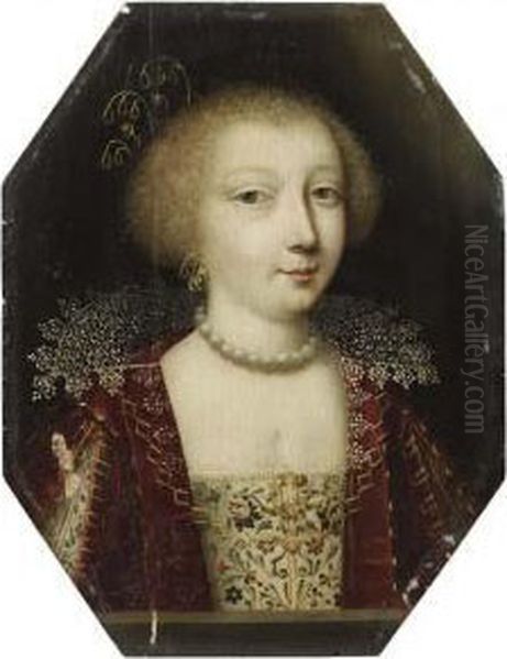 Portrait Of A Young Lady, Small 
Bust-length, In A Gold-embroideredpatterned Dress And Red Velvet Cloak Oil Painting by Charles Beaubrun